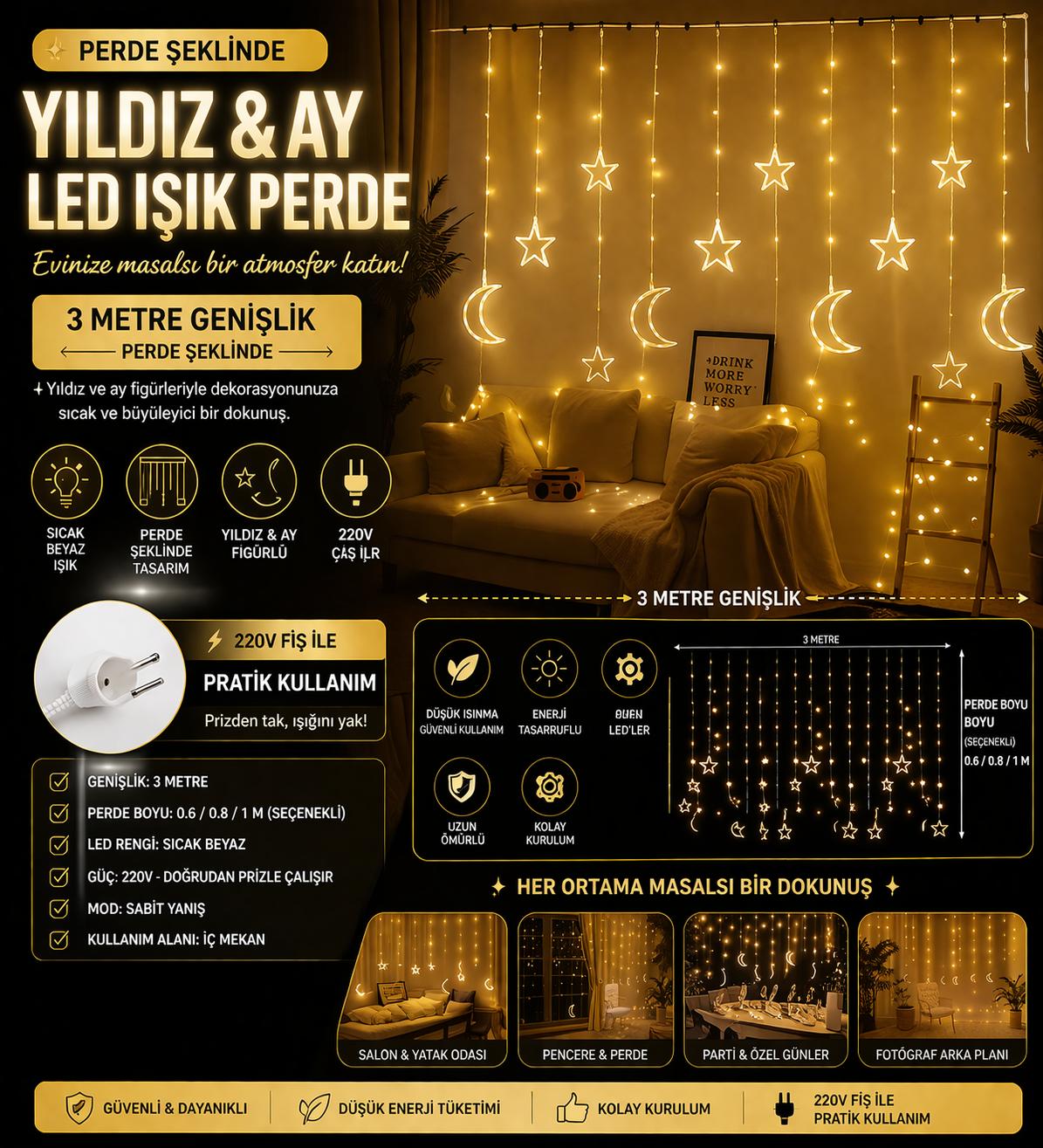 3 Metre Perde LED Işık Zinciri - Yıldız ve Ay Figürlü, Sarı Işık, Uç Uca Eklenebilir